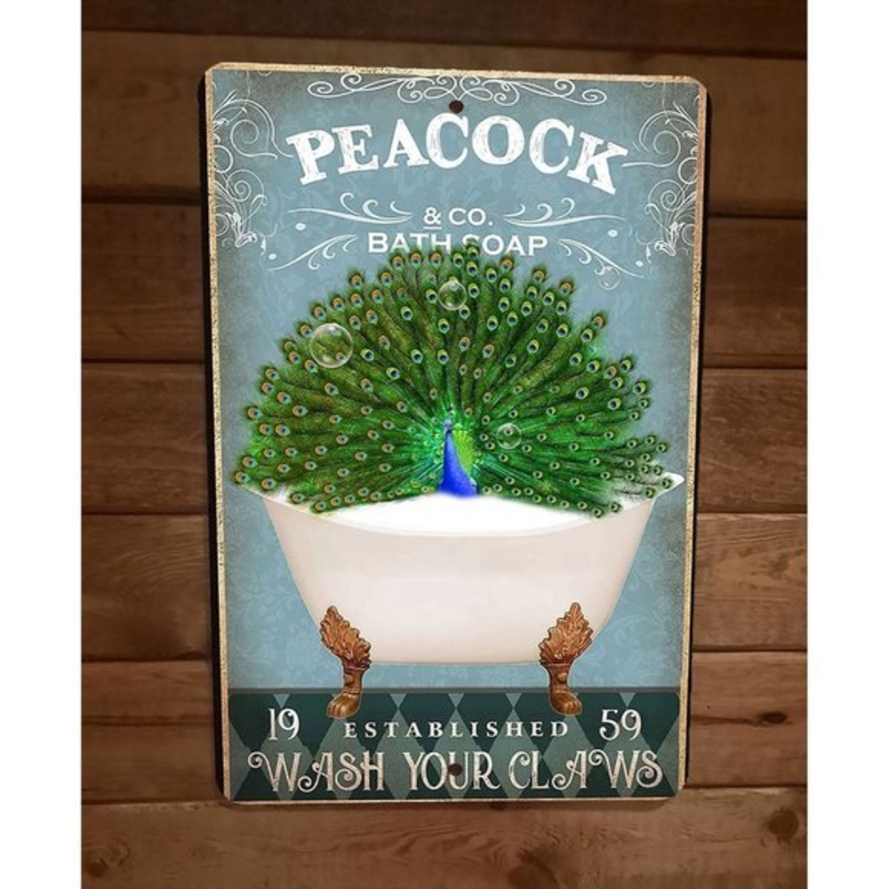 Peacock Bath Soap 8x12 Metal Wall Sign Animal Poster